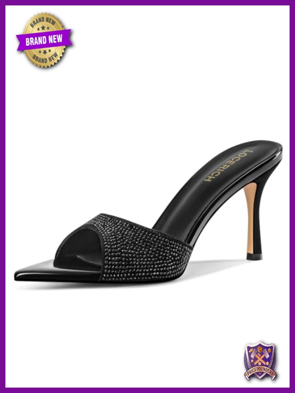 Rhinestone Open Toe Mule Sandals, High Heel, Faux Patent Leather, 3.2" Heel